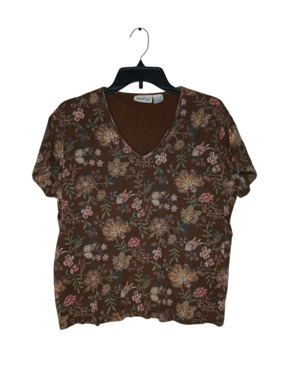 White Stag Vintage Brown Floral V-Neck Short Sleeve Top